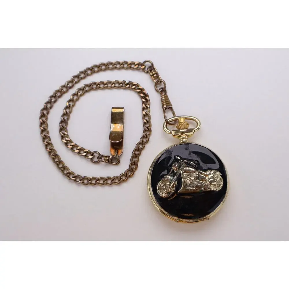 Milan Motorcycle Pocket Watch Quartz Gold Tone Hunter Case Chain Untested